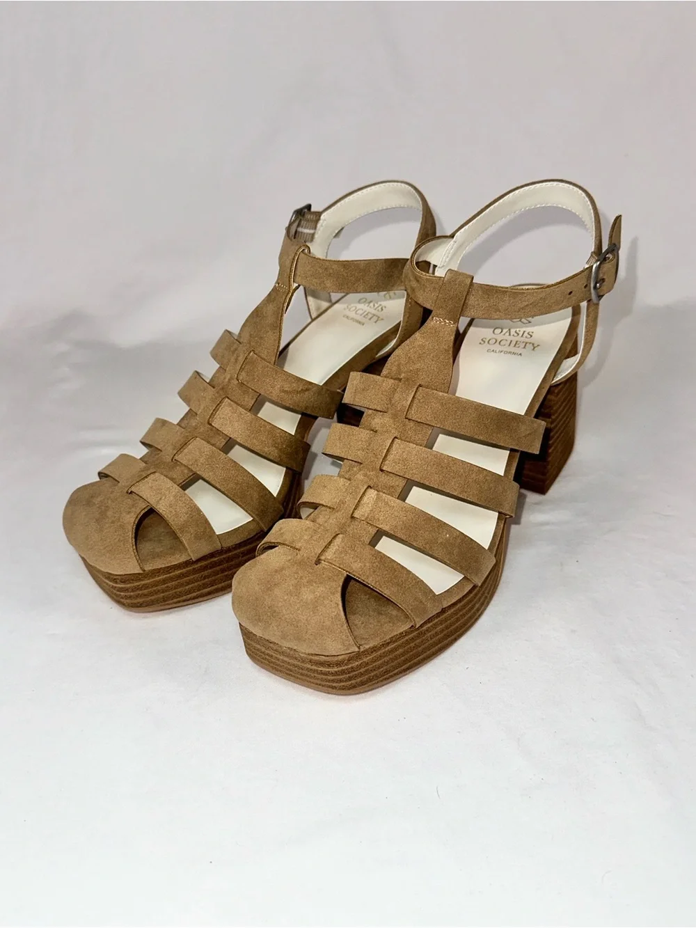Oasis Society Hailee Khaki Platform Block Heel Caged Sandals Size 8